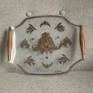 MCM Georges Briard glass serving tray with wood handles, Gold Doves